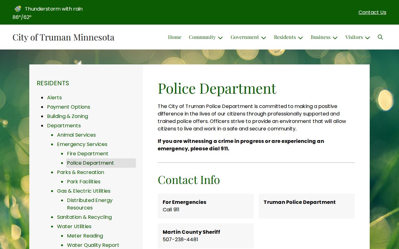 Truman police contact page showing the county route for Truman arrest records